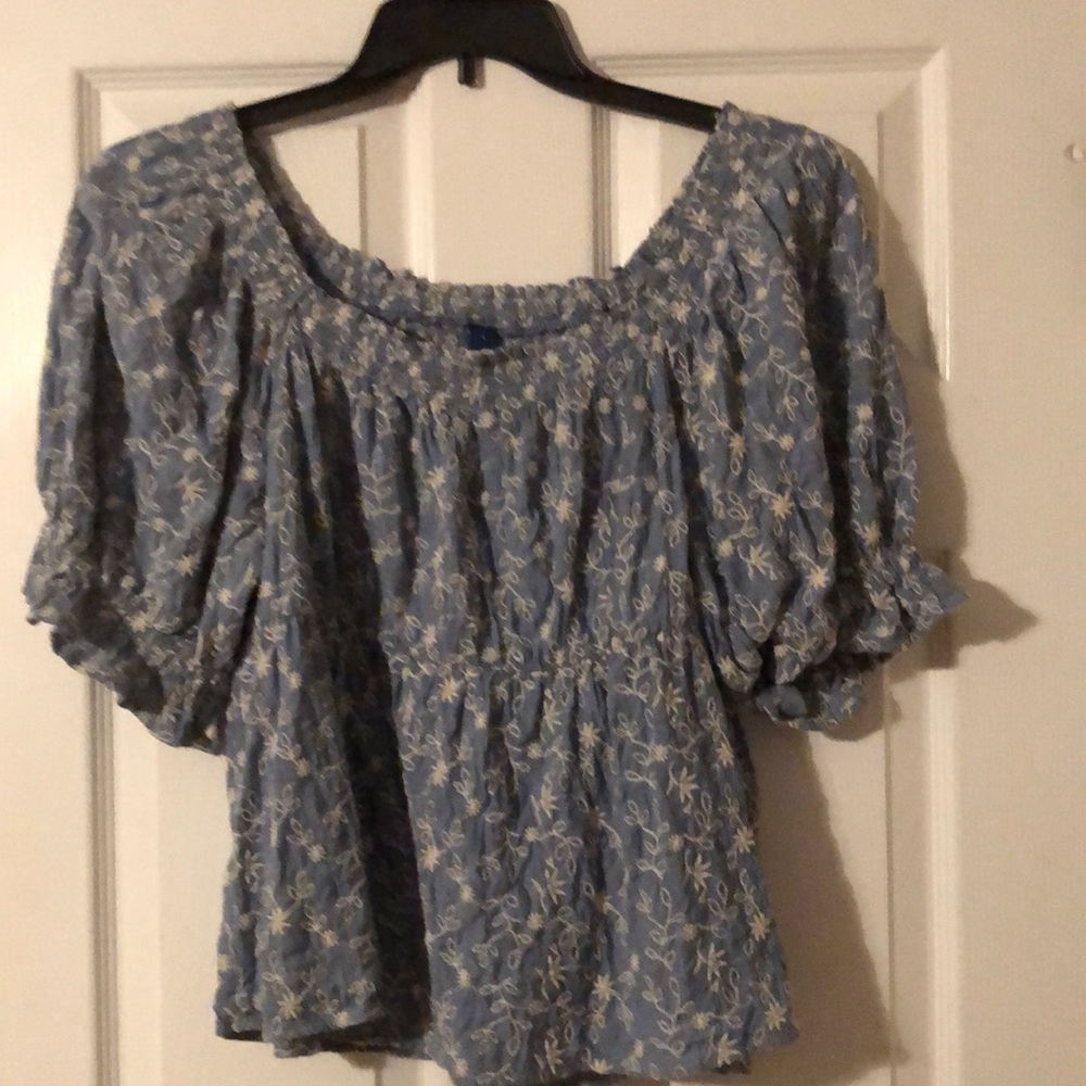 Old Navy, blue with white stitching puffy sleeve blouse size L